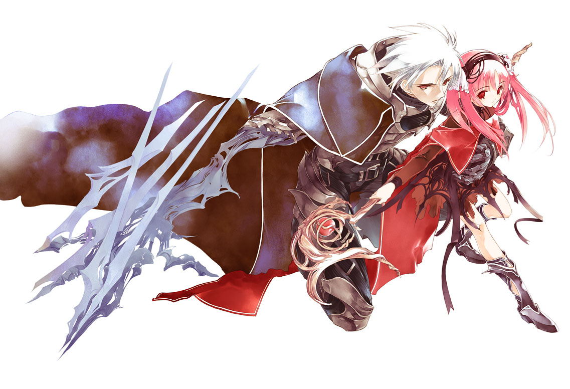 sumi keiichi, original, eyebrows, 1boy, 1girl, albino, armor, armored boots, belt, blue cape, boots, cape, claw (weapon), closed mouth, fantasy, frown, full body, hairband, holding, holding staff, holding weapon, long hair, long sleeves, parted bangs, pink hair, red cape, red eyes, ribbon, staff, twintails, weapon