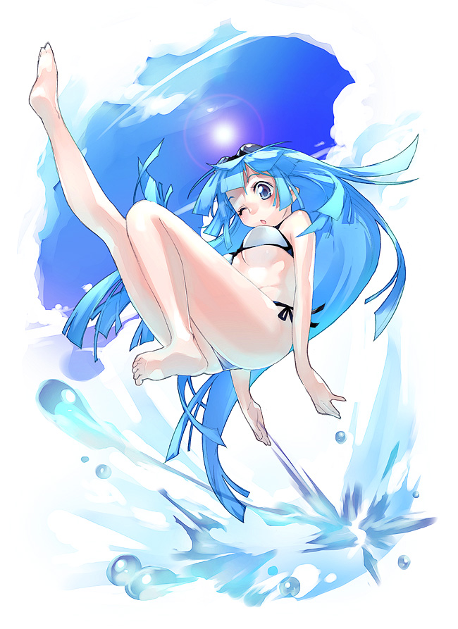 kousaki rui, original, 1girl, :o, barefoot, bikini, blue eyes, blue hair, blue theme, day, feet, female focus, full body, goggles, goggles on head, jumping, leg lift, long hair, matching hair/eyes, one eye closed, side-tie bikini bottom, sky, soles, solo, swimsuit, very long hair, white bikini, wink