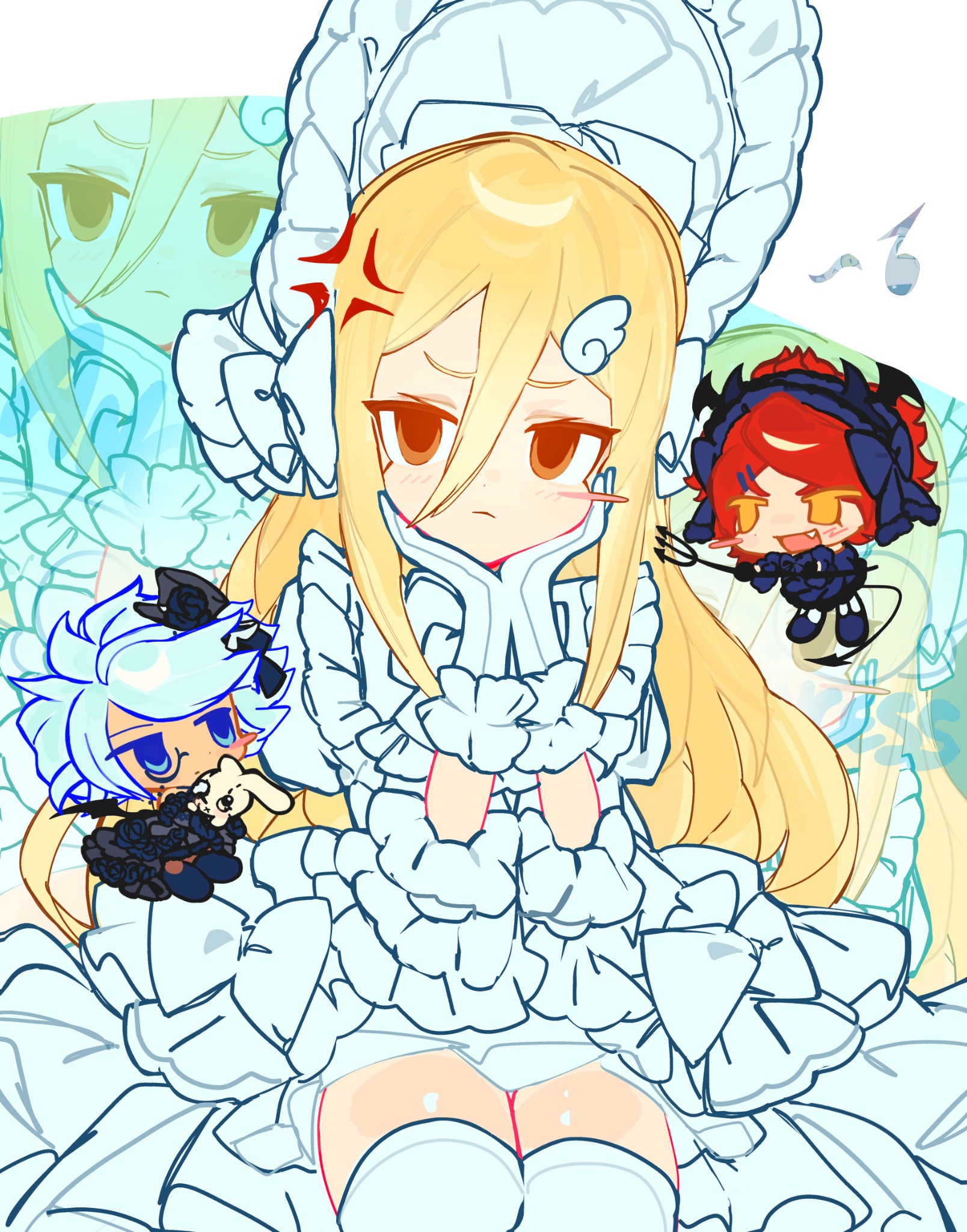 afuro terumi, nagumo haruya, suzuno fuusuke, inazuma eleven (series), highres, 3boys, androgynous, angel, anger vein, aqua hair, black dress, blonde hair, blue eyes, bonnet, bow, chibi, chibi inset, chin strap, crossdressing, crossdressing (mtf), demon boy, demon tail, demon wings, dress, dress bow, frilled dress, frills, gloves, hair bow, hair ornament, hairclip, hands on own chin, hat, hat bow, holding, holding pitchfork, lemimmm, long bangs, looking at viewer, male focus, multiple boys, musical note, open mouth, orange eyes, pitchfork, pout, red eyes, red hair, short hair, stuffed animal, stuffed toy, tail, thighhighs, thighs, trap, white gloves, white hair, white thighhighs, wing hair ornament, wings, yellow eyes, zettai ryouiki