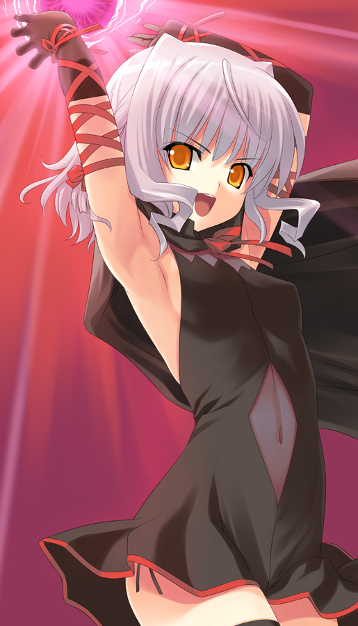 amano yuu, bell zephyr, night wizard, 00s, 1girl, armpits, arms up, cape, female focus, gloves, magic, navel, open mouth, ribbon, short hair, skirt, solo, thighhighs, white hair, yellow eyes