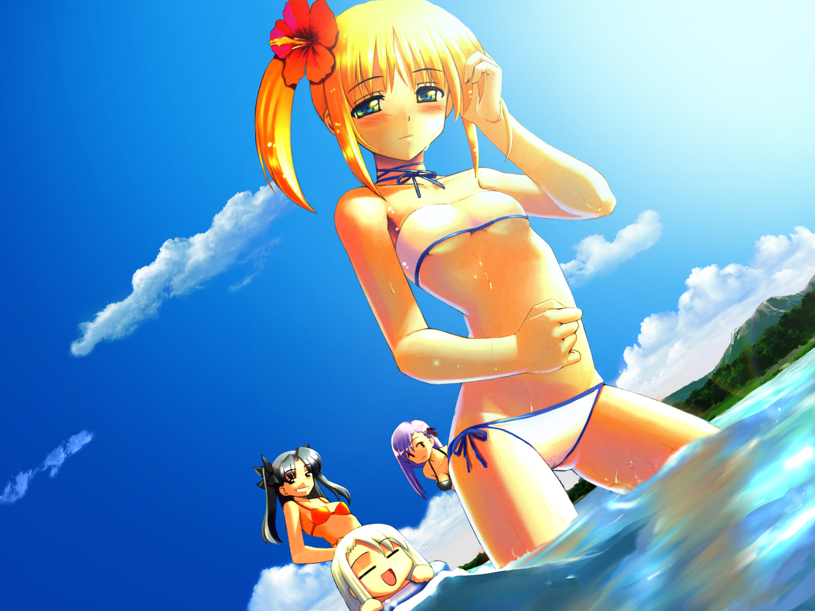 namonashi, rubbish selecting squad, artoria pendragon (fate), illyasviel von einzbern, matou sakura, saber (fate), tohsaka rin, fate/stay night, fate (series), silver hair, highres, third-party edit, 00s, 4girls, alternate costume, bandeau bikini, bikini, black hair, blonde hair, blush, breasts, cloud, day, dutch angle, flat chest, flower, hair flower, hair ornament, hibiscus, innertube, long hair, medium breasts, multiple girls, neck ribbon, ocean, ponytail, purple hair, ribbon, short hair, side-tie bikini bottom, side ponytail, sky, string bikini, swim ring, swimsuit, twintails, two side up, underboob, wading, water, wet