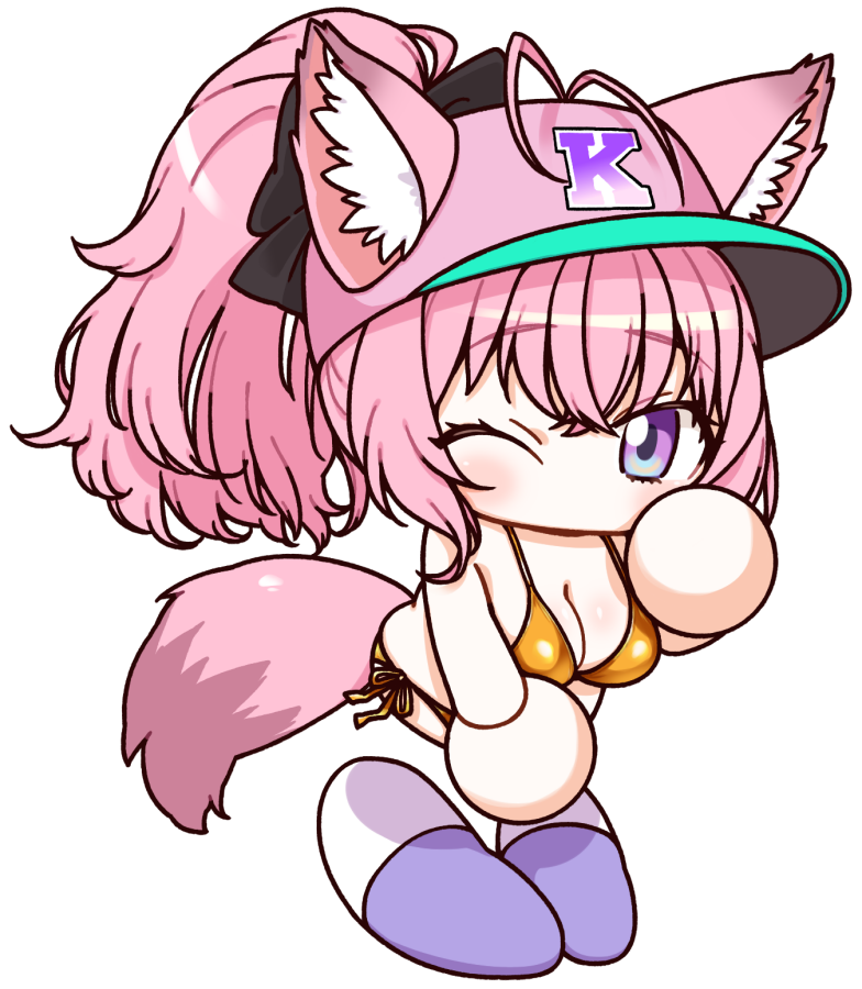 okunin, hakui koyori, hololive, jikkyou powerful pro yakyuu, 1girl, animal ear fluff, animal ears, antenna hair, baseball cap, bikini, breasts, chibi, chibi only, cleavage, gold bikini, hat, jikkyou powerful pro yakyuu (style), long hair, looking at viewer, medium breasts, no mouth, one eye closed, pink hair, pink tail, purple eyes, rayman limbs, side-tie bikini bottom, solo, string bikini, swimsuit, tail, transparent background, virtual youtuber, wolf ears, wolf girl, wolf tail