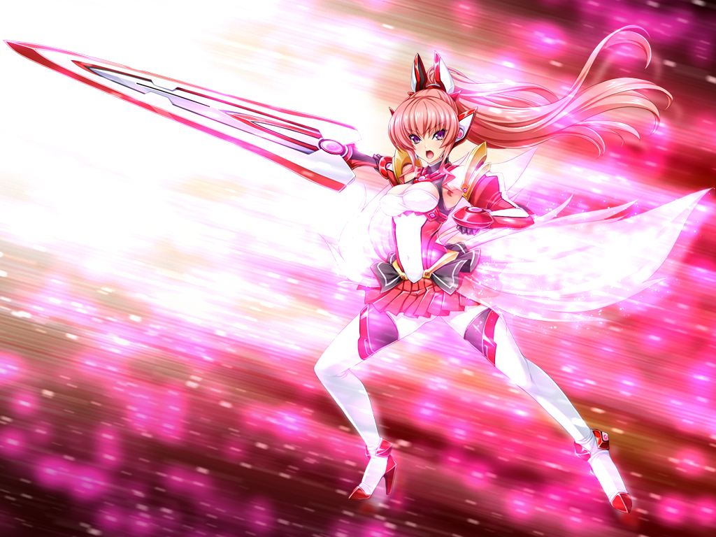 inoino, exs-tia chevalier, rieszverne suzette paladill, kouyoku senki exs-tia, game cg, non-web source, official art, 1girl, :o, armor, armpits, boots, breasts, chest jewel, clenched hand, covered navel, detached sleeves, elbow gloves, exs-tia chevalier (exs-tia 2), fighting stance, floating hair, full body, gloves, headgear, high heel boots, high heels, high ponytail, holding, holding weapon, huge weapon, legs apart, leotard, light particles, long hair, looking at viewer, magical girl, medium breasts, miniskirt, open mouth, outstretched arm, overskirt, pink hair, pleated skirt, ponytail, purple eyes, red skirt, red theme, see-through clothes, serious, skirt, solo, standing, sword, thigh boots, thighhighs, weapon, white thighhighs, zettai ryouiki