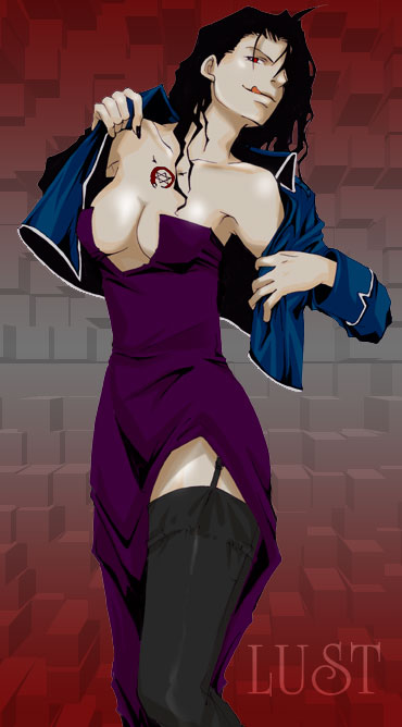 lust (fma), fullmetal alchemist, homunculus, 00s, 1girl, :q, bare shoulders, black hair, black nails, black thighhighs, breasts, character name, cleavage, collarbone, dress, female focus, garter belt, garter straps, jacket, licking lips, military, military uniform, nail polish, ouroboros, pale skin, purple dress, red eyes, single thighhigh, sleeveless, sleeveless dress, solo, strapless, strapless dress, tattoo, thighhighs, tongue, tongue out, undressing, wavy hair