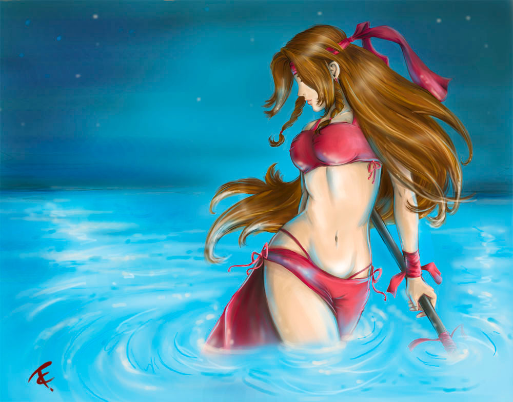 aerith gainsborough, final fantasy, final fantasy vii, square enix, 1990s (style), 1girl, bikini, breasts, brown hair, female focus, headband, long hair, outdoors, retro artstyle, sky, solo, staff, strapless, swimsuit, tube top, very long hair, wading, water