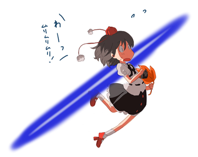 ica, shameimaru aya, touhou, looking away, lowres, translated, 1girl, black hair, buttons, camera, female focus, geta, hat, lace, laser, open mouth, short hair, skirt, socks, solo, surprised, tengu-geta