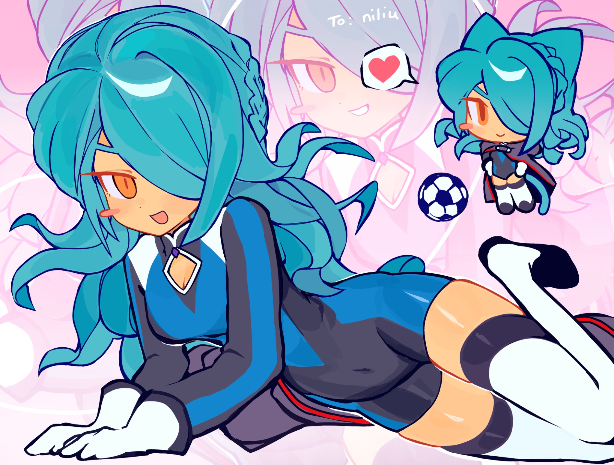 kazemaru ichirouta, inazuma eleven, inazuma eleven (series), highres, 1girl, androgynous, animal ears, ball, blue hair, blush, breasts, cat ears, chibi, cleavage, covered navel, genderswap, genderswap (mtf), gift art, hair over one eye, heart, lemimmm, long hair, looking at viewer, lying, on side, red eyes, simple background, smile, soccer ball, spoken heart, thighs