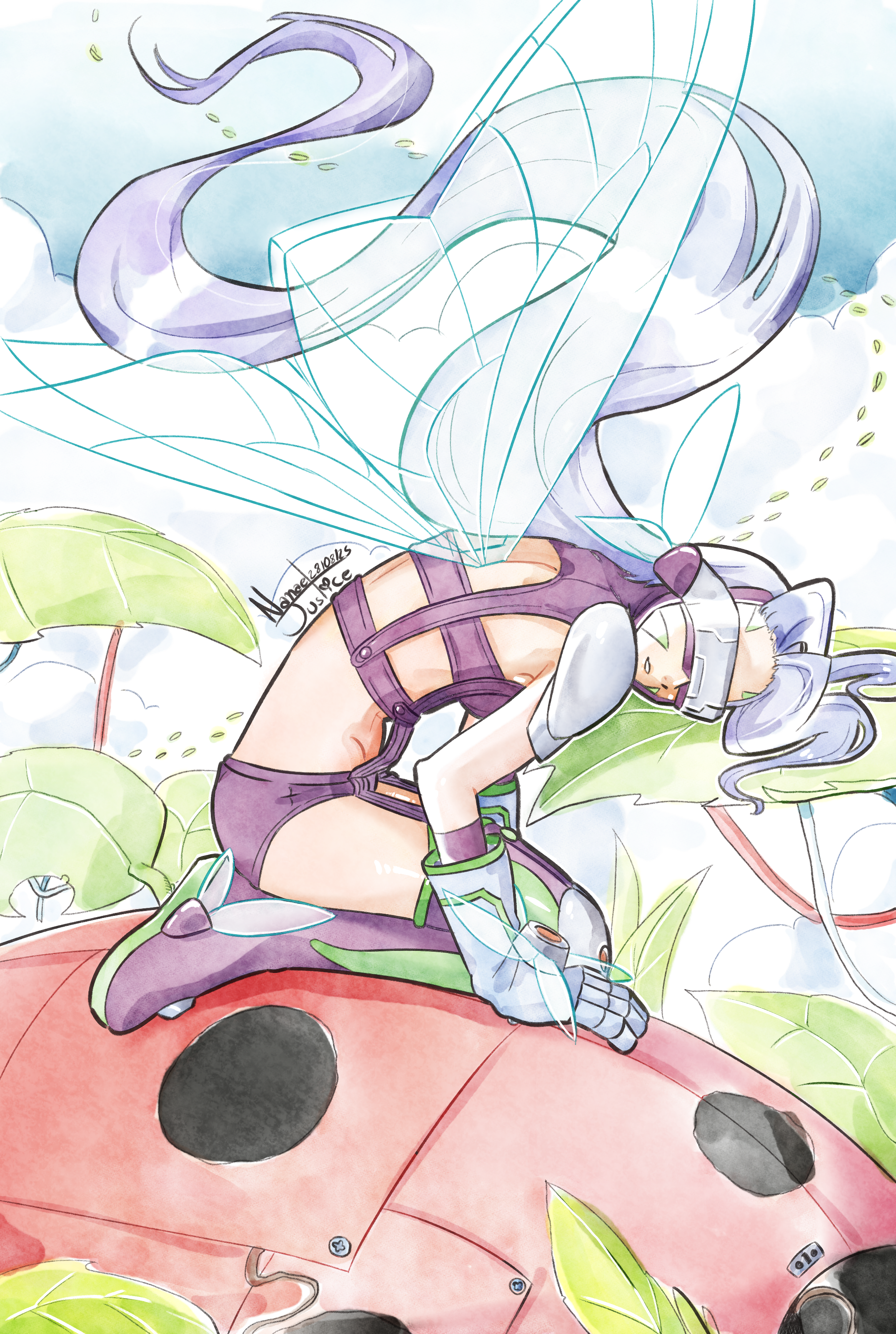 nanaeljustice, fairimon, digimon, absurdres, commentary, english commentary, highres, mixed-language commentary, 1girl, arm warmers, belt, bikini, boots, breasts, butterfly hair ornament, butterfly wings, covered eyes, digimon (creature), elbow gloves, facial mark, floating hair, full body, garter straps, gloves, grey gloves, groin, hair ornament, hairband, head-mounted display, head rest, insect wings, leaf, long hair, parted lips, purple belt, purple bikini, purple boots, purple hair, purple hairband, seiza, shoulder pads, signature, sitting, small breasts, solo, stomach, strapless, strapless bikini, swimsuit, thigh boots, wings