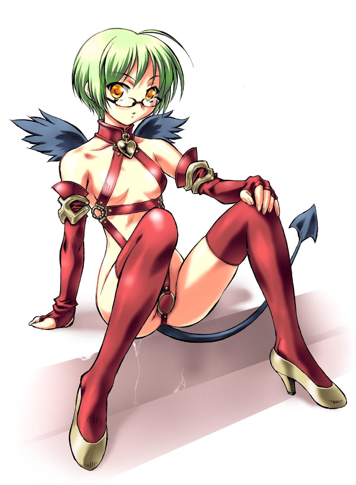 ngo (ngo dandelion), original, highres, 1girl, breasts, demon tail, elbow gloves, female focus, glasses, gloves, green hair, high heels, medium breasts, shoes, short hair, solo, tail, thighhighs, wings, yellow eyes