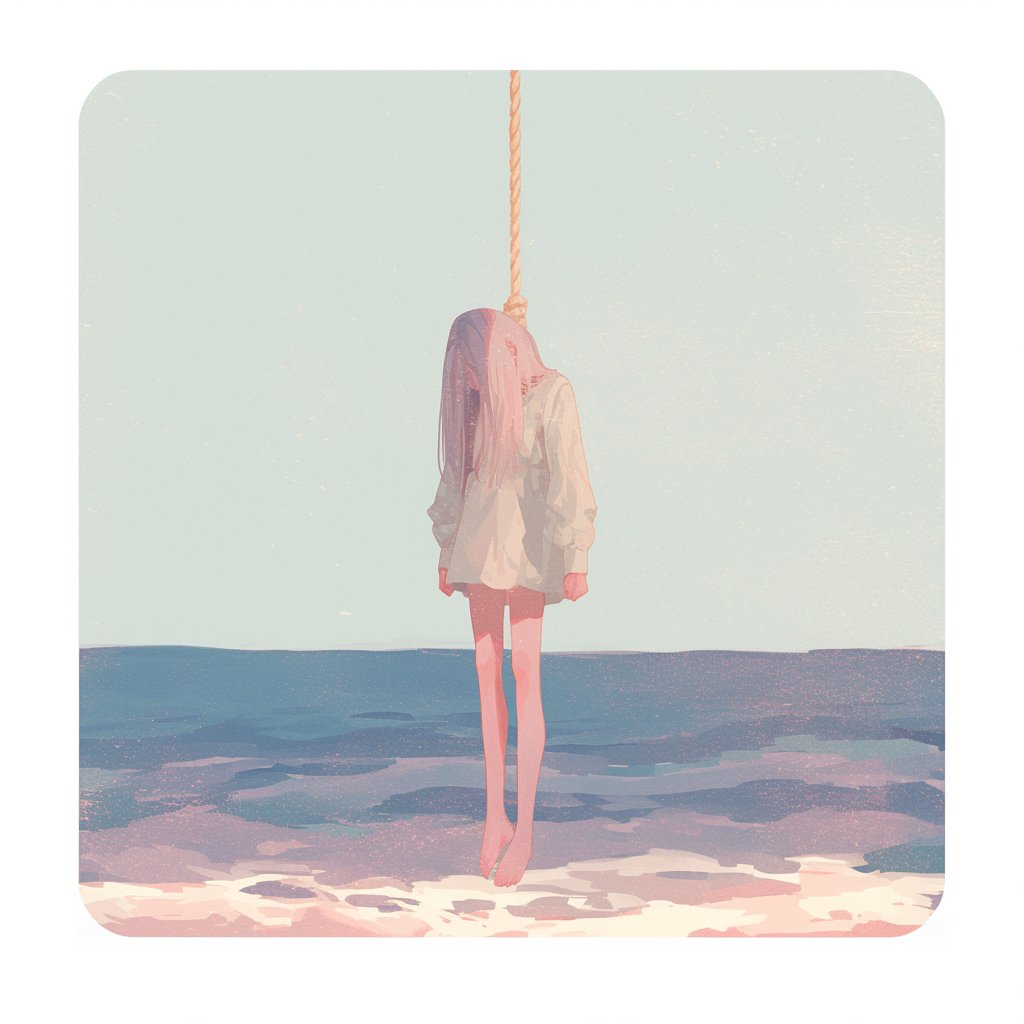 0 11xx, 1girl, beach, blue sky, dress, full body, hanged, long hair, long sleeves, outdoors, pink hair, sky, solo, suicide, sunset, water, white dress