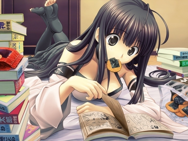 masaharu, narukana (seinarukana), ruptna, eien no aselia, eternity sword series, seinarukana, 1girl, antenna hair, bare shoulders, black eyes, black hair, blunt bangs, book, breasts, cleavage, detached sleeves, eating, feet, female focus, food, foreshortening, long hair, lying, manga (object), mouth hold, on stomach, open book, reading, ruputna, senbei, soles, solo, toeless legwear, toes