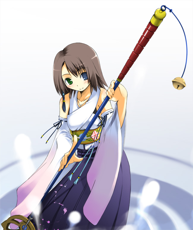 jirou (chekoro), yuna, yuna (ff10), final fantasy, final fantasy x, 00s, 1girl, bell, brown hair, detached sleeves, female focus, hakama, hakama skirt, heterochromia, japanese clothes, skirt, solo, staff