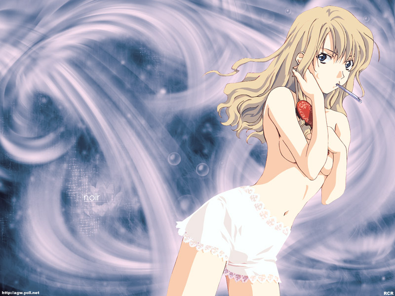 mireille bouquet, noir (anime), 00s, 1girl, blonde hair, blue eyes, breasts, brushing hair, brushing own hair, copyright name, female focus, hair brush, medium breasts, mouth hold, panties, pen, solo, topless female, underboob, underwear