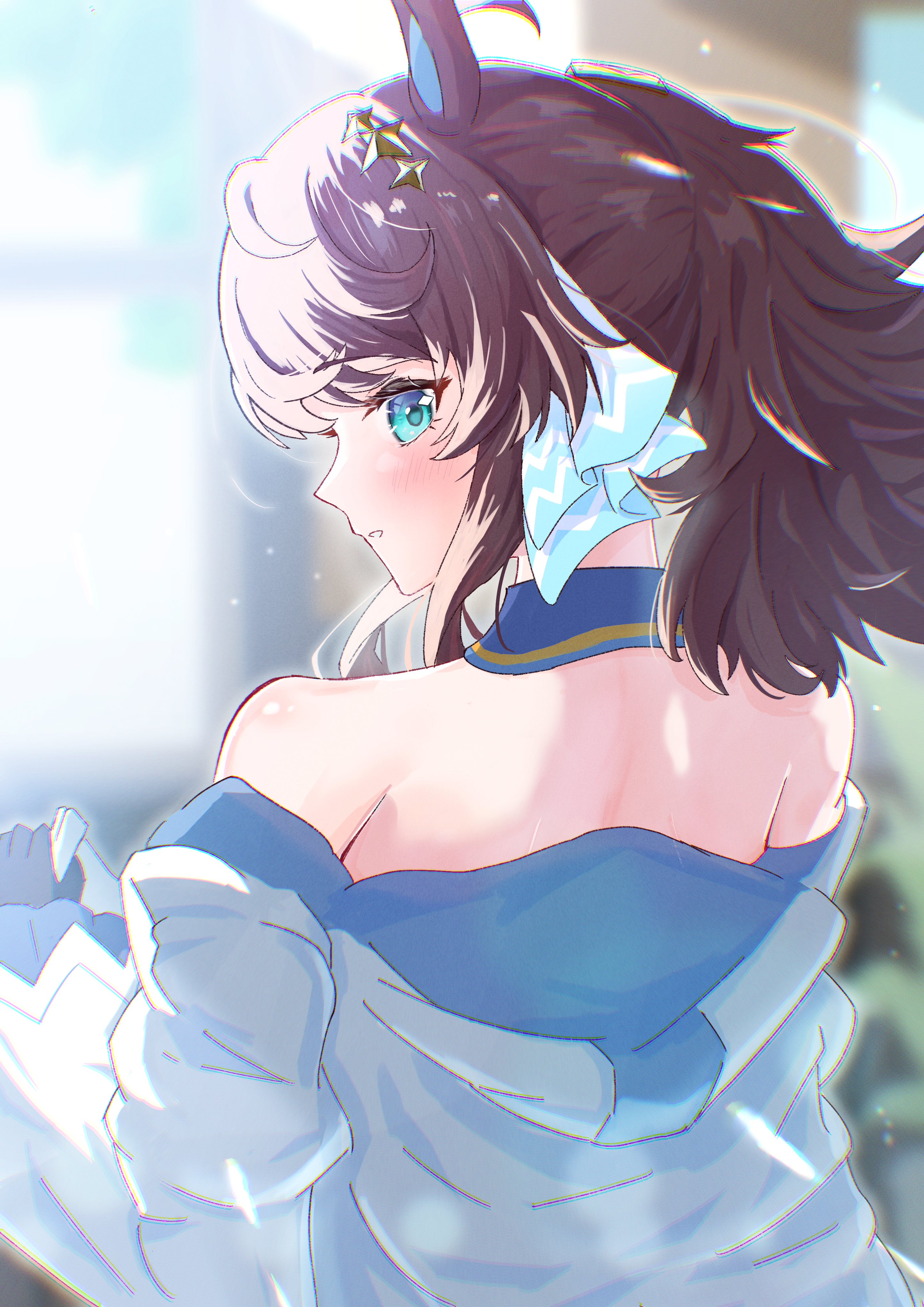 daring tact (umamusume), umamusume, absurdres, commentary request, highres, 1girl, ahoge, animal ears, backless outfit, blue eyes, blurry, blurry background, blush, breasts, gloves, h1a0t6, hair between eyes, hair ornament, horse ears, horse girl, jacket, long hair, looking at viewer, looking back, medium breasts, portrait, solo, star (symbol), star hair ornament