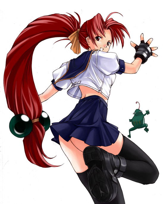 frog, gloves, hair ornament, long hair, ponytail, red eyes, red hair, school uniform, serafuku, solo, sphere hair ornament, thighhighs, very long hair