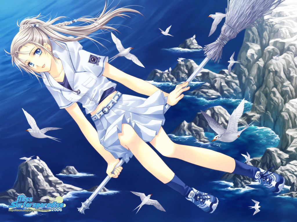 yue natsuki, miss surfersparadise, original, silver hair, 1girl, belt, bird, blonde hair, blue eyes, braid, broom, broom riding, female focus, flying, long hair, midriff, ponytail, school uniform, seagull, serafuku, sidesaddle, skirt, solo, water, zipper