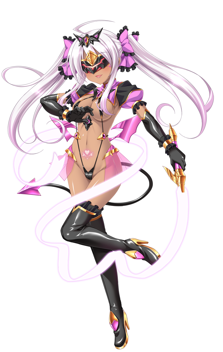 aoi masami, slave cherry, ts magical girl nao, game cg, highres, non-web source, official art, variant set, 1girl, blindfold, boots, bow, breasts, corruption, dark-skinned female, dark persona, dark skin, demon tail, elbow gloves, full body, gloves, hair bow, harukaze mai (tsmg nao!), high heels, long hair, magical girl, medium breasts, navel, pubic tattoo, slave gear, slave visor (tsmg nao!), slingshot swimsuit, smile, solo, swimsuit, sword, tail, tattoo, thigh boots, thighhighs, transparent background, twintails, weapon, white hair