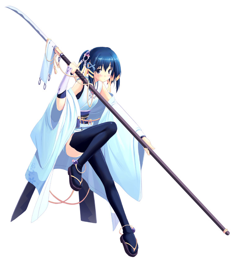 1girl, black thighhighs, blue eyes, blue hair, blush, bracer, female focus, full body, hair ornament, hair ribbon, holding, holding weapon, knee up, looking at viewer, looking to the side, polearm, ponytail, ribbon, sandals, sash, sidelocks, simple background, sleeveless, solo, tassel, thighhighs, tress ribbon, weapon, white background, wide sleeves