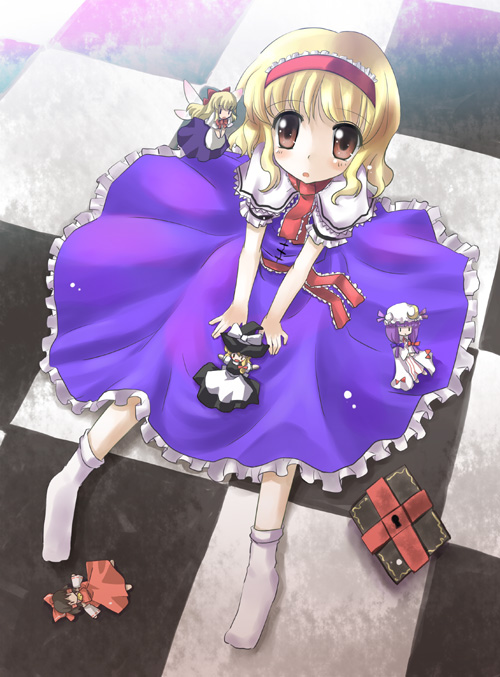 yuugiri (artist), yuugiri (u-slash), alice margatroid, hakurei reimu, kirisame marisa, patchouli knowledge, shanghai doll, touhou, 1girl, blonde hair, book, character doll, doll, female focus, grimoire, grimoire of alice, looking up, socks, solo