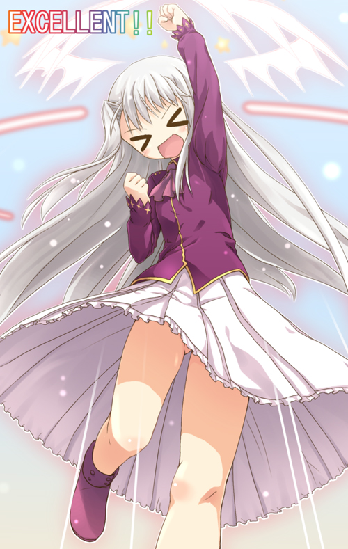 kusakami akira, illyasviel von einzbern, fate/stay night, fate (series), > <, 00s, 1girl, boots, closed eyes, english text, female focus, purple boots, raised fist, solo