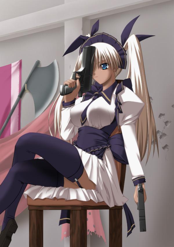 blonde hair, blue eyes, breasts, dark-skinned female, dark skin, gun, handgun, large breasts, long hair, pistol, solo, thighhighs, twintails, weapon