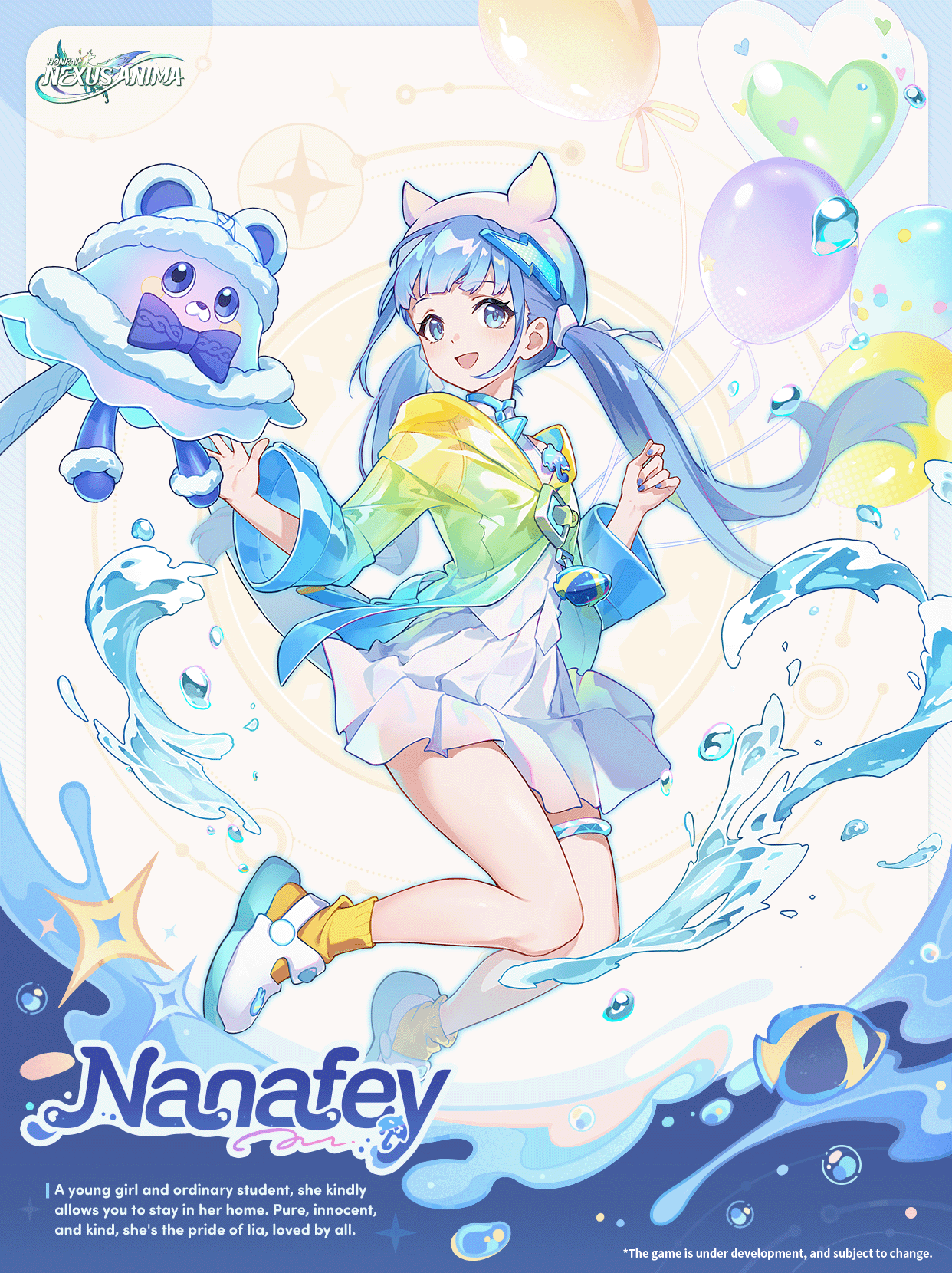 nanafey (honkai: nexus anima), honkai: nexus anima, honkai (series), commentary, english commentary, highres, official art, 1girl, balloon, blue eyes, blue hair, character name, english text, full body, hat, logo, long hair, long sleeves, looking at viewer, low twintails, open mouth, shirt, shoes, skirt, smile, socks, solo, thigh strap, twintails, water, white shirt, white skirt, wide sleeves, yellow socks