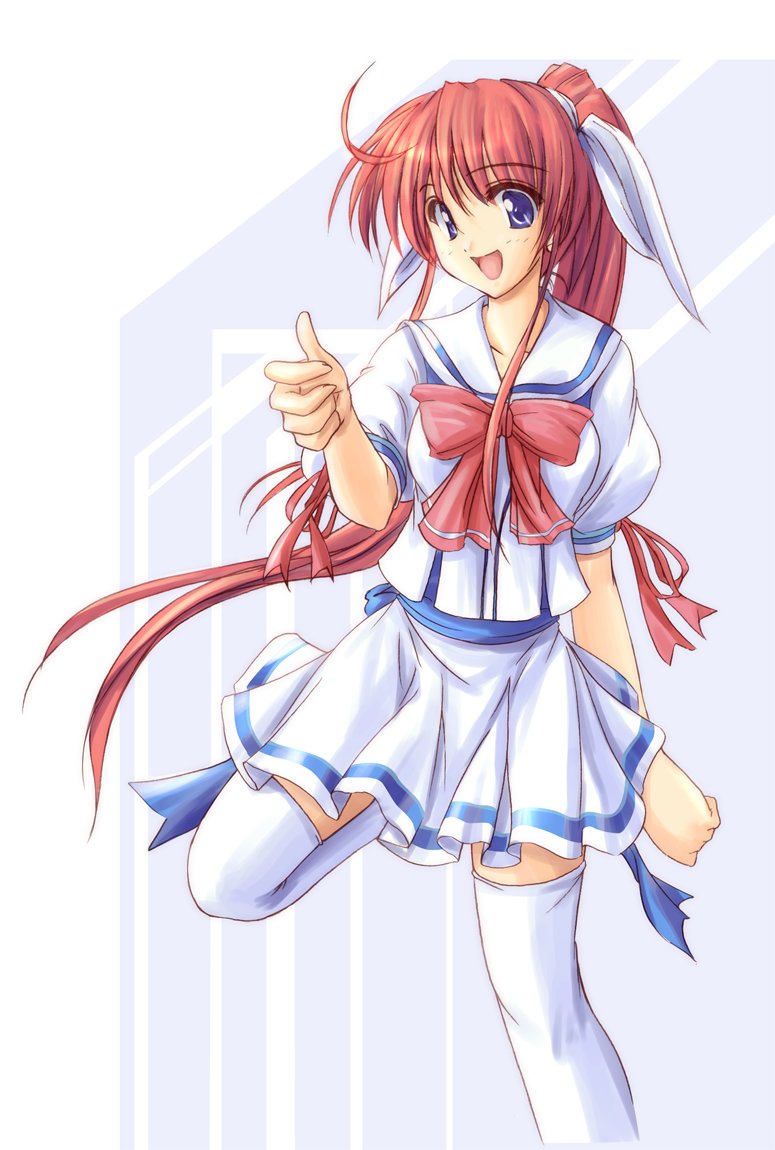 tenmaso, amagasaki mikoto, tsuki wa higashi ni hi wa nishi ni, 00s, 1girl, :d, ahoge, blue eyes, bow, female focus, hair ribbon, long hair, open mouth, pleated skirt, ponytail, puffy sleeves, red hair, ribbon, school uniform, serafuku, shirt, short sleeves, sidelocks, skirt, smile, solo, standing, standing on one leg, thighhighs, thumbs up, very long hair, white thighhighs, zettai ryouiki