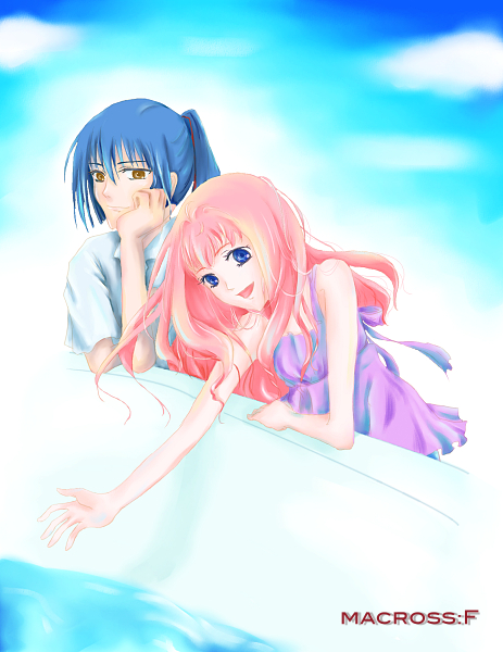 saotome alto, sheryl nome, macross, macross frontier, striped, 00s, 1boy, 1girl, :d, bare shoulders, blue eyes, blue hair, brown eyes, dress, expressionless, looking at viewer, open mouth, outdoors, pink hair, ponytail, pool, purple dress, sky, sleeveless, sleeveless dress, smile, sundress, vertical stripes, water