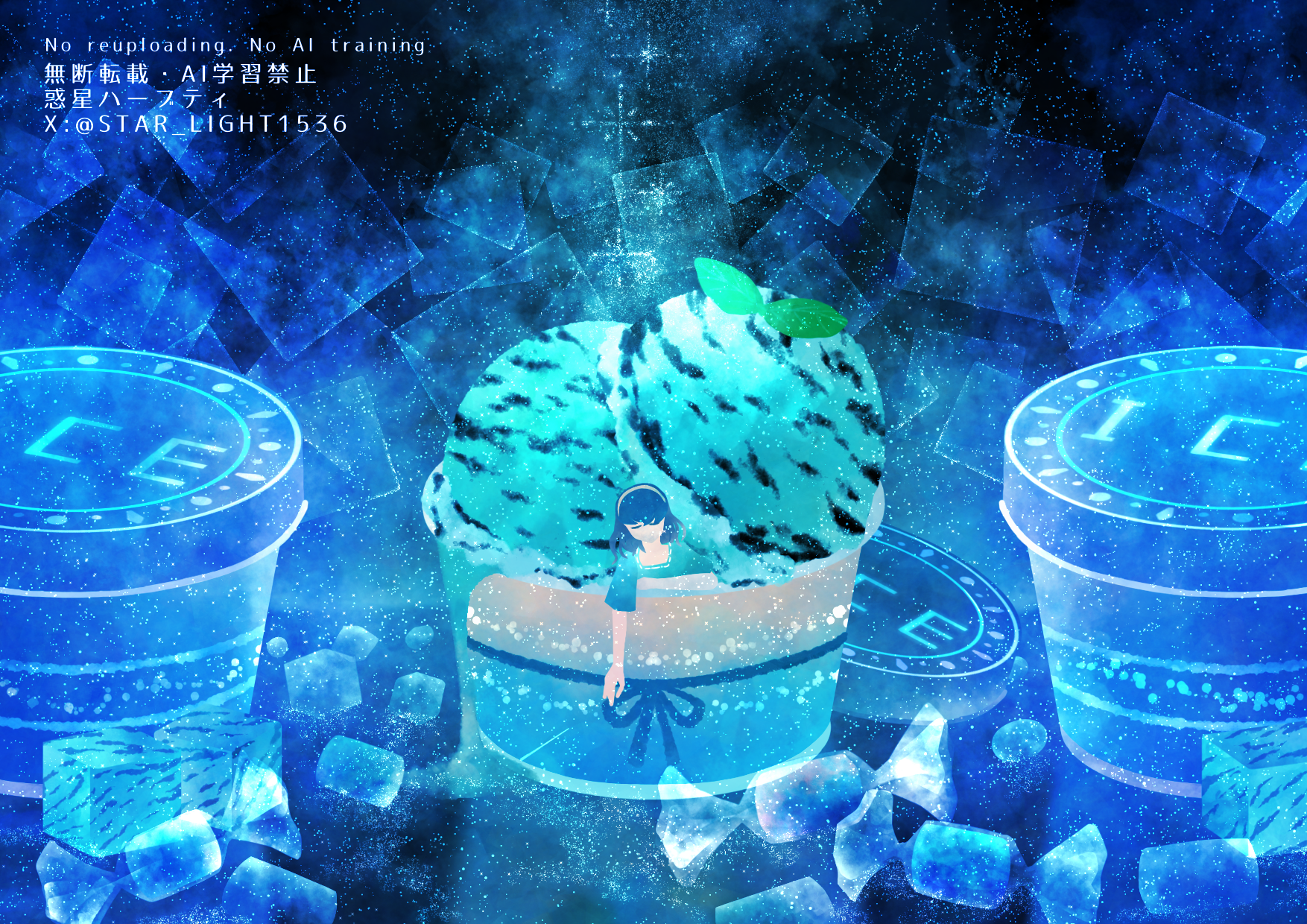 wakusei habuti, original, commentary request, highres, 1girl, aqua shirt, blue hair, candy, cool colored, food, hairband, ice, ice cream, ice cube, medium hair, mini person, mint, mint chocolate, shirt, short sleeves, solo, surreal, twitter username