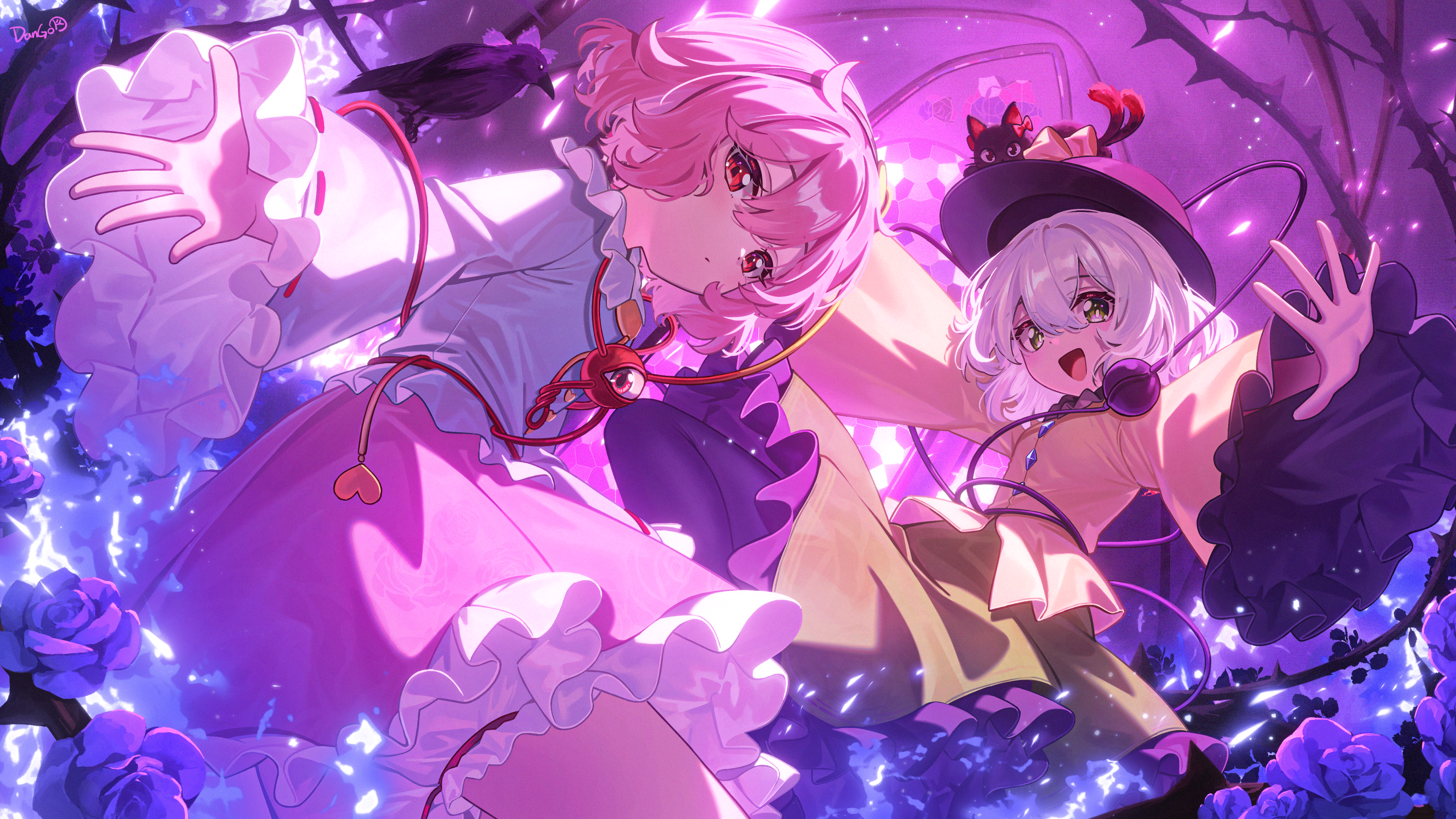 dango remi, kaenbyou rin, kaenbyou rin (cat), komeiji koishi, komeiji satori, reiuji utsuho, reiuji utsuho (bird), touhou, absurdres, commentary, highres, 2girls, animal, animal on head, bird, blouse, blue shirt, cat, crow, expressionless, flower, frilled skirt, frilled sleeves, frills, hat, long sleeves, looking at viewer, multiple girls, on head, open mouth, outstretched arms, pink hair, pink skirt, pink theme, red eyes, romaji commentary, rose, shirt, short hair, siblings, sisters, skirt, smile, spread arms, third eye, thorns, top hat, white hair, wide sleeves, yellow shirt
