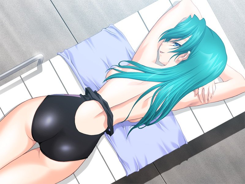 mitarashi kousei, sakuragi natsumi, amakara twins, game cg, 1girl, aqua hair, ass, back, blue eyes, breast press, breasts, female focus, from above, green hair, large breasts, long hair, looking back, lying, on stomach, one-piece swimsuit, smile, solo, swimsuit, thigh gap, thighs, topless female, towel