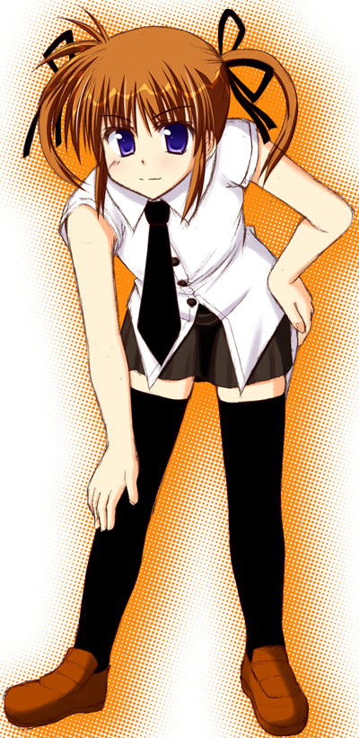 takamachi nanoha, lyrical nanoha, mahou shoujo lyrical nanoha, 00s, blue eyes, brown hair, necktie, thighhighs, twintails, zettai ryouiki