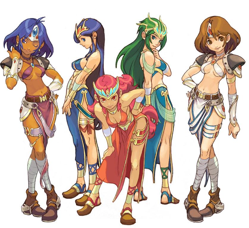 shin (1893656), yoshikawa tatsuya, sana, seny, seso, shin (breath of fire), spoo (breath of fire), breath of fire, breath of fire ii, capcom, official art, 1990s (style), 5girls, aqua eyes, armor, bandages, belt, bent over, blue eyes, blue hair, boots, breasts, brooch, brown eyes, brown hair, choker, circlet, cleavage, crop top, crossed legs, crown, dark-skinned female, dark skin, dress, fantasy, green eyes, green hair, hand on own hip, hat, hip focus, jewelry, leaning forward, legs, long hair, looking back, medium breasts, midriff, multiple girls, necklace, no bra, one eye closed, purple eyes, purple hair, red eyes, red hair, retro artstyle, see-through clothes, shaman, shoes, short hair, side slit, sideboob, simple background, sitting, skirt, smile, standing, thigh strap, thighs, underboob, very long hair, watson cross, white background, wink