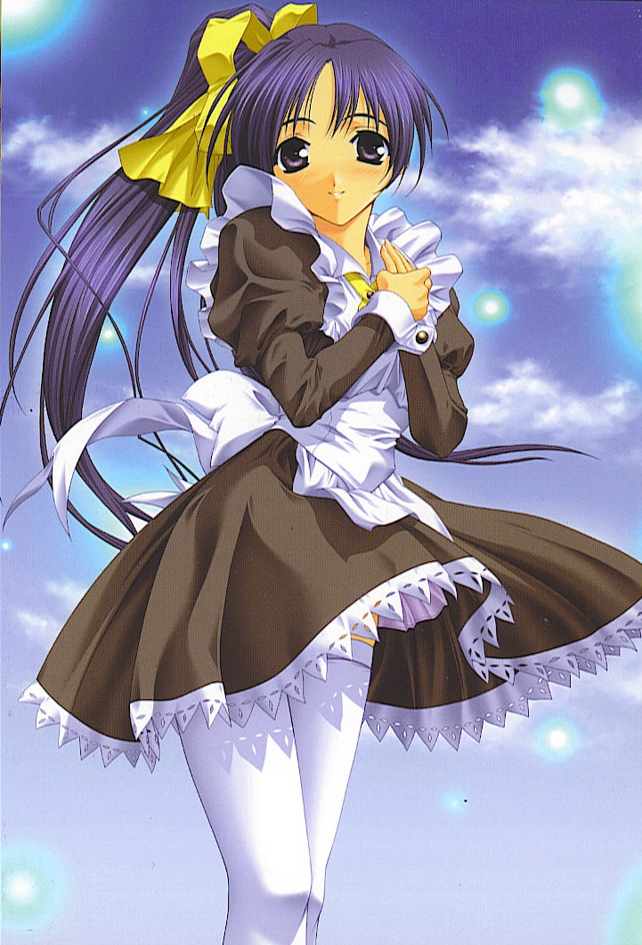 hashimoto takashi, itou noemi, with you, 00s, 1girl, blue hair, bow, day, female focus, high ponytail, high side ponytail, long hair, maid, own hands together, ponytail, solo, thighhighs, very long hair, white thighhighs, wind, wind lift, yellow bow