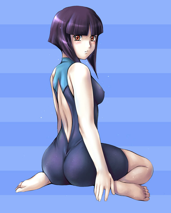 zundarepon, ester ein astrada, kenran butou sai, striped, 00s, 1girl, ass, back, barefoot, blunt bangs, blush, bob cut, bodysuit, breasts, covered erect nipples, feet, female focus, from behind, full body, looking back, one-piece swimsuit, orange eyes, purple hair, short hair, sidelocks, sitting, solo, swimsuit, wet