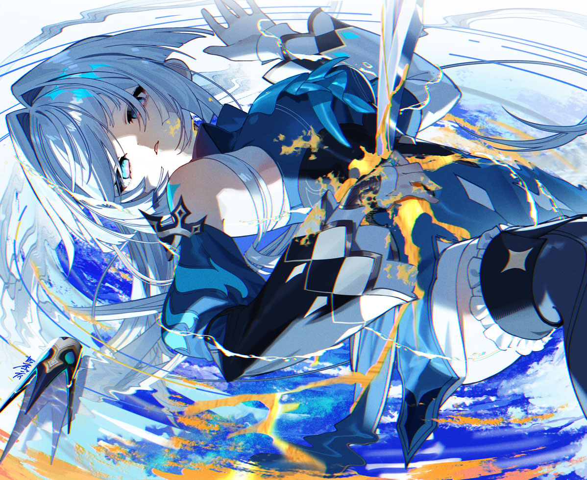 scottie (phantom2), cerydra (honkai: star rail), honkai: star rail, honkai (series), 1girl, black thighhighs, crown, detached sleeves, dress, expressionless, hand on own stomach, hand up, knee up, long hair, long sleeves, lying, mini crown, on back, parted lips, solo, thighhighs, very long hair, yellow blood