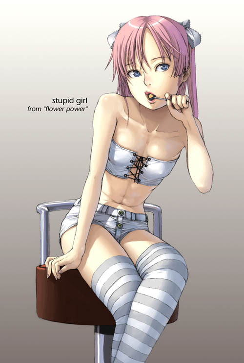 yoneda taishou, duplicate, 1girl, bare shoulders, blue eyes, candy, chair, female focus, flat chest, food, hair ribbon, lollipop, midriff, on chair, pink hair, ribbon, short shorts, shorts, solo, striped clothes, striped thighhighs, thighhighs, twintails, zettai ryouiki