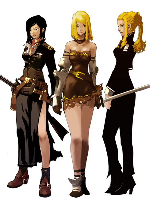 uniform, 3girls, black hair, blonde hair, multiple girls, simple background, sword, weapon