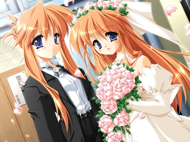 niji no kanata ni, game cg, 2girls, blue eyes, bouquet, bride, dress, flower, formal clothes, long hair, multiple girls, orange hair, pant suit, pants, red hair, siblings, sisters, suit, wedding dress, wife and wife, yuri