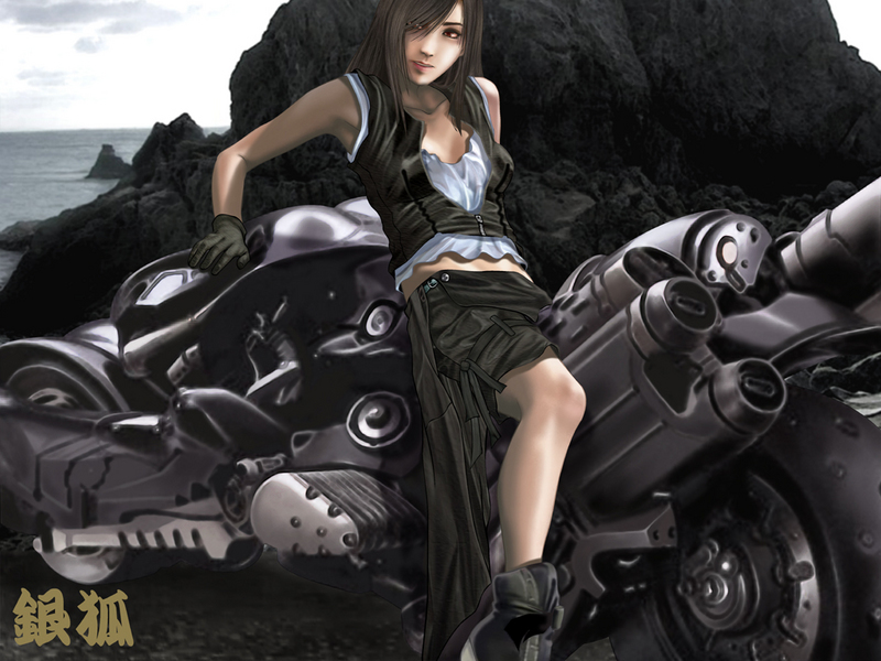 silverfox, fenrir, tifa lockhart, final fantasy, final fantasy vii, final fantasy vii advent children, vehicle, 00s, 1990s (style), 1girl, 3d, black hair, female focus, fenrir (vehicle), gloves, leaning, motor vehicle, motorcycle, outdoors, red eyes, retro artstyle, sitting, sky, solo
