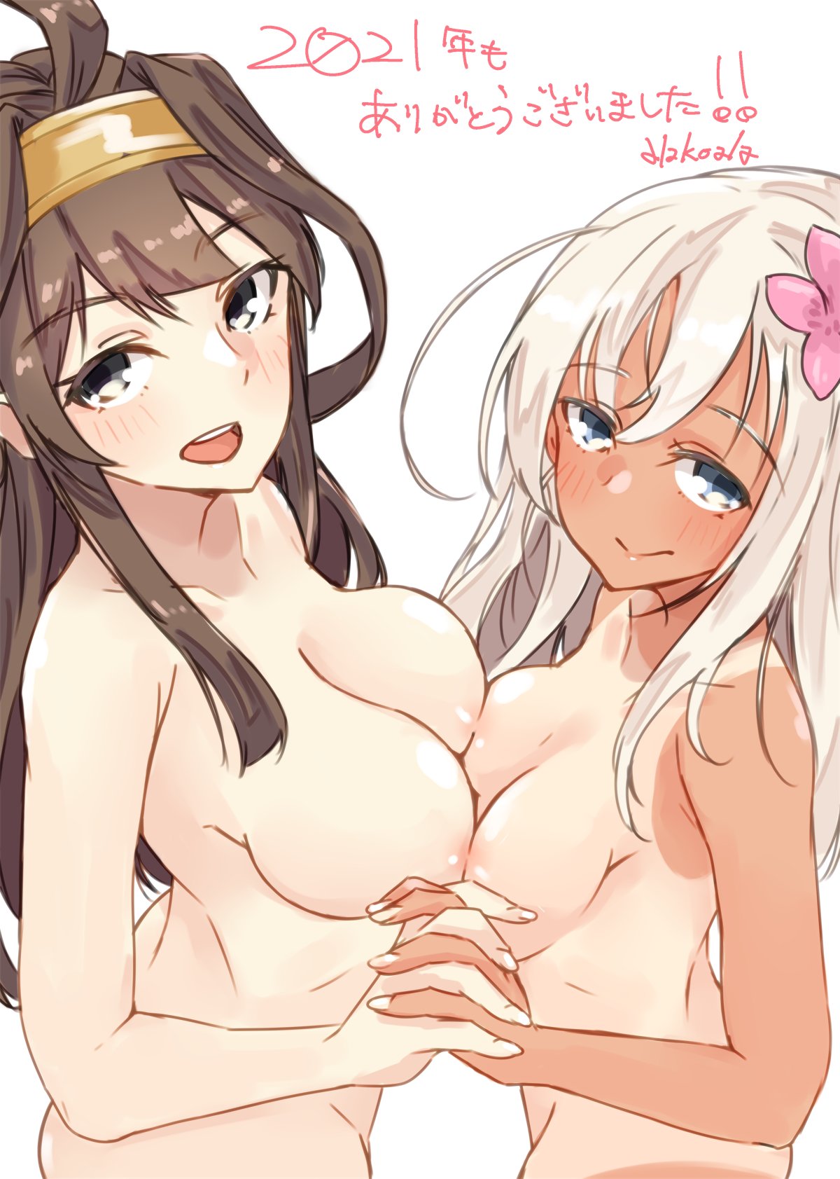 alakoala, kongou (kancolle), ro-500 (kancolle), kantai collection, commentary request, highres, translation request, 2girls, :d, ahoge, ass, asymmetrical docking, blonde hair, blue eyes, blush, breast press, breasts, brown hair, collarbone, dated, double-parted bangs, flower, from side, grey eyes, hair between eyes, hair flower, hair ornament, hair rings, hairband, holding hands, long hair, looking at viewer, medium breasts, multiple girls, nipples, open mouth, pink flower, sidelocks, simple background, small breasts, smile, tan, tanline, teeth, upper body, upper teeth only, white background, yellow hairband, yuri