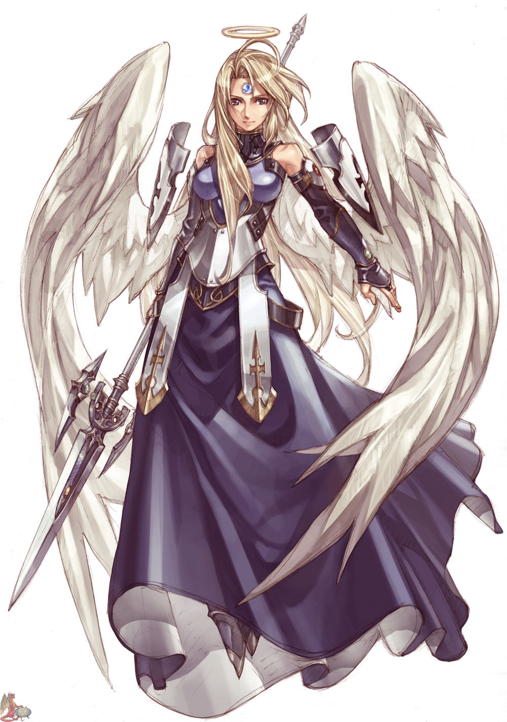 highres, armor, blonde hair, brown eyes, detached sleeves, halo, long hair, polearm, solo, spear, very long hair, weapon, wings