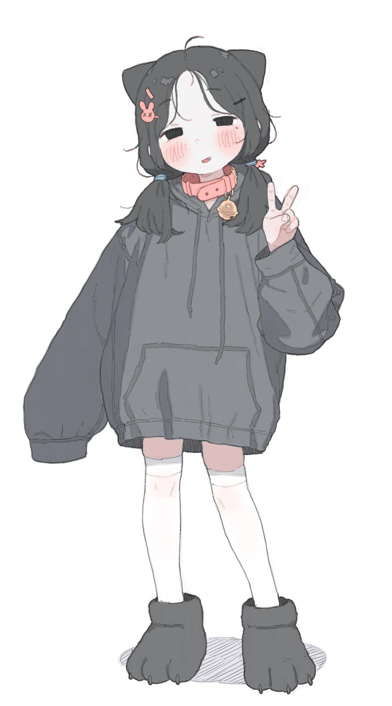 possummachine, possi (possummachine), original, commentary, english commentary, highres, 1girl, ahoge, animal collar, animal ears, bell, belt collar, black eyes, black hair, black hoodie, black shoes, blush, collar, drawstring, full body, hair ornament, hair tie, half-closed eyes, hand up, hood, hood down, hoodie, jingle bell, legs apart, long sleeves, looking at another, low twintails, neck bell, no pants, no pupils, open mouth, paw shoes, rabbit hair ornament, red collar, shoes, simple background, sleeves past fingers, sleeves past wrists, solo, standing, thighhighs, twintails, v, white background, white thighhighs