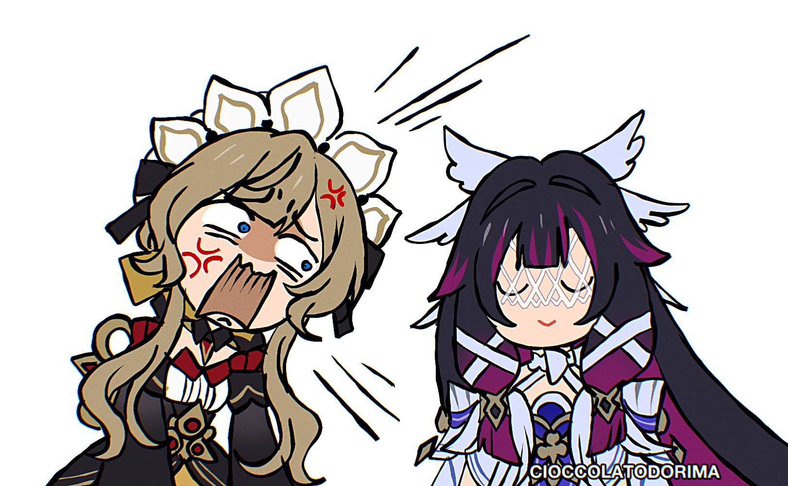 cioccolatodorima, columbina (genshin impact), sandrone (genshin impact), genshin impact, highres, 2girls, anger vein, angry, black hair, blue eyes, brown hair, closed eyes, dress, eye mask, hair ribbon, head wings, headdress, long hair, multicolored hair, multiple girls, open mouth, ribbon, streaked hair, two-tone hair, very long hair, white background, white mask, white wings, wings