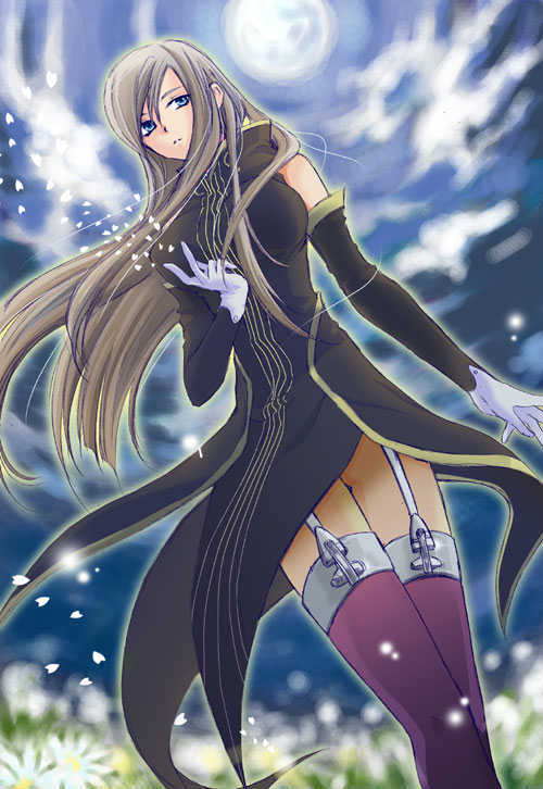 hozumi (8/1), tear grants, tales of (series), tales of the abyss, 00s, 1girl, blue eyes, brown hair, female focus, garter straps, long hair, moon, solo, tabard, thighhighs