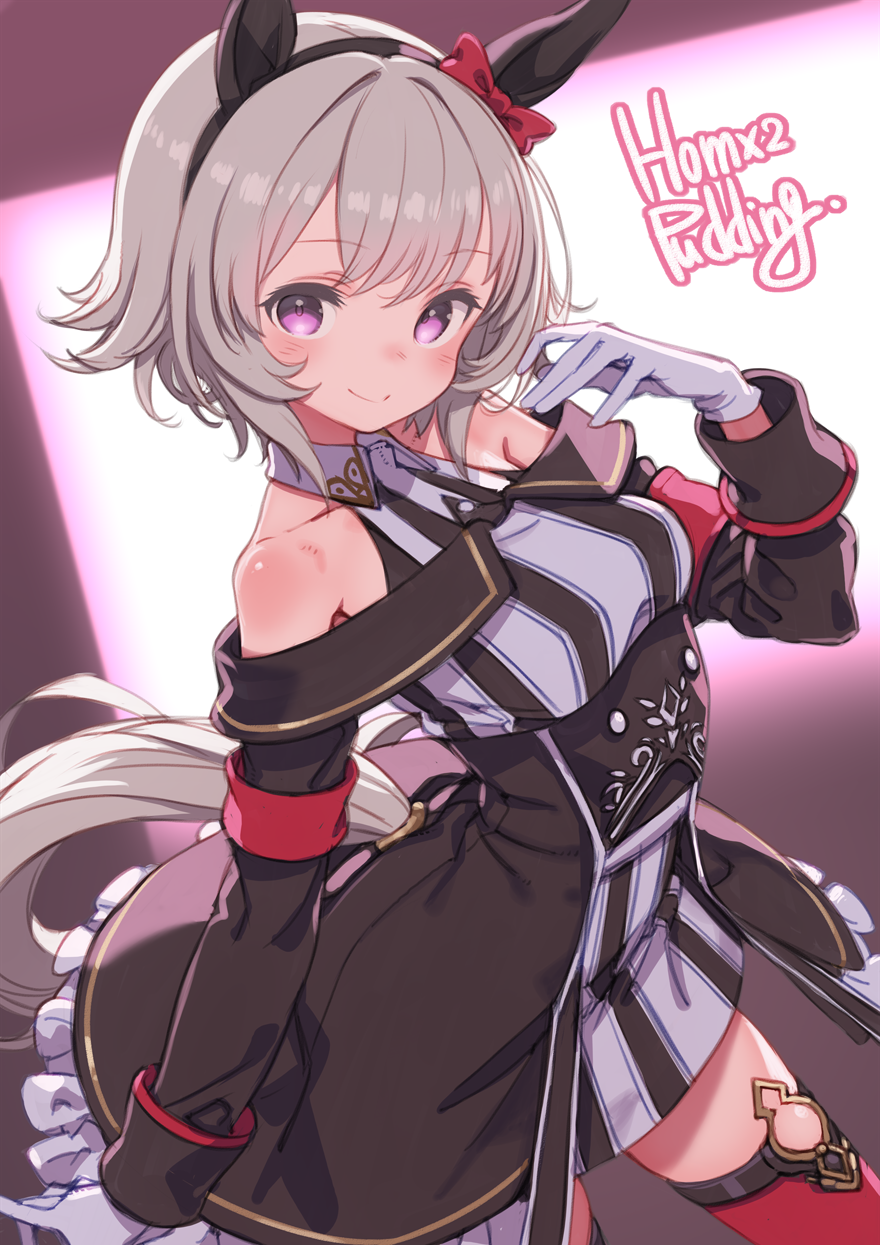 puddinghomhom, curren chan (fille eclair) (umamusume), curren chan (umamusume), umamusume, highres, 1girl, animal ears, gloves, grey hair, horse ears, horse girl, horse tail, looking at viewer, purple eyes, red thighhighs, short hair, smile, solo, tail, thighhighs, white gloves