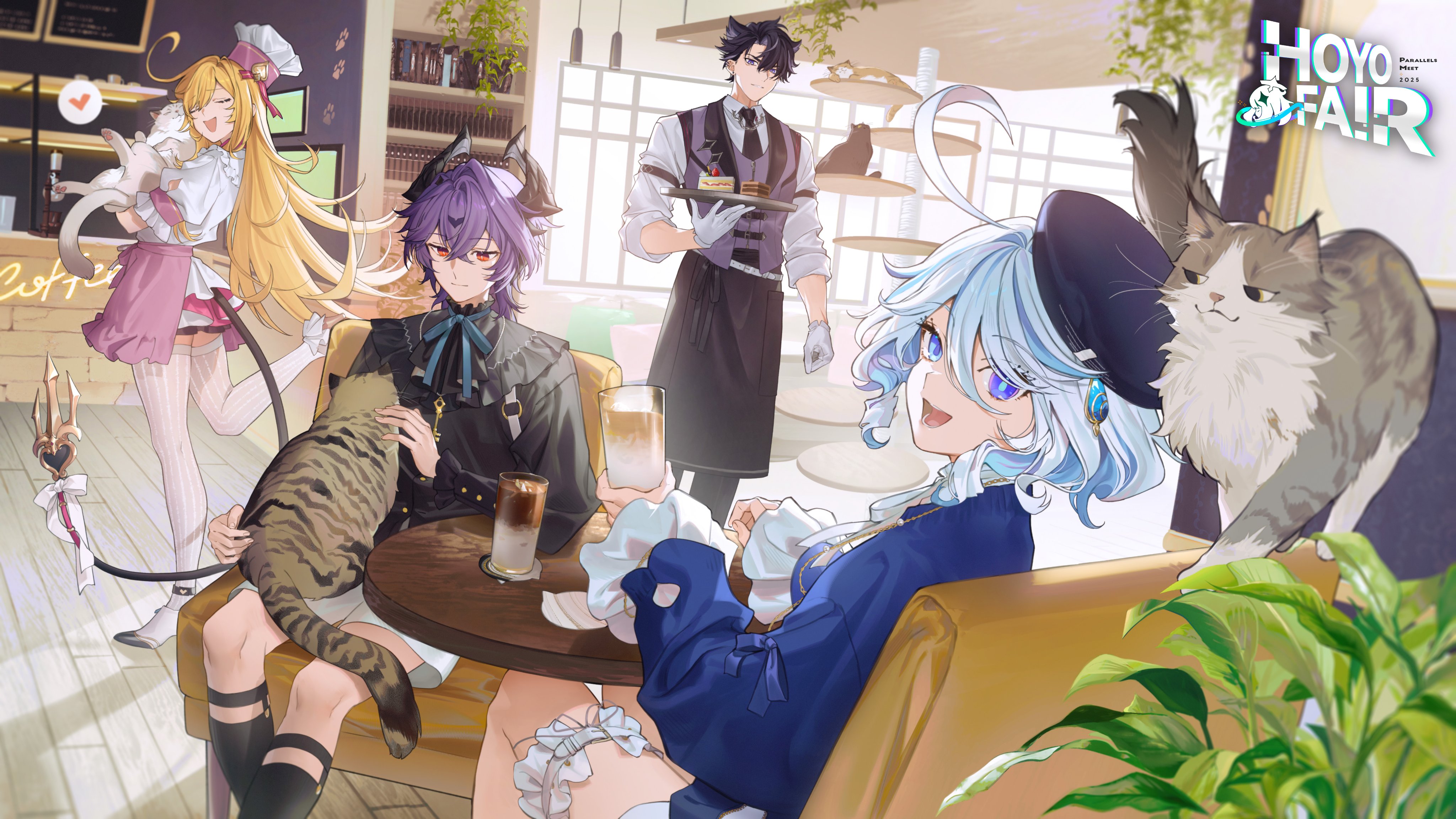kyo zip, escoffier (genshin impact), furina (genshin impact), mini durin (genshin impact), mini durin (human) (genshin impact), wriothesley (genshin impact), genshin impact, absurdres, highres, mixed-language commentary, official art, 2boys, 2girls, ahoge, animal, apron, black apron, black hair, black necktie, black socks, blonde hair, blue hair, cat, cat cafe, chair, chef hat, closed eyes, coaster, cup, grey hair, hair between eyes, hat, holding, holding animal, holding cup, horns, leg up, long hair, looking at viewer, multicolored hair, multiple boys, multiple girls, necktie, on chair, open mouth, pink apron, plant, puffy short sleeves, puffy sleeves, purple hair, red eyes, shirt, short sleeves, shorts, sitting, socks, table, tail, thighhighs, tray, vest, waist apron, white hair, white shorts, white thighhighs