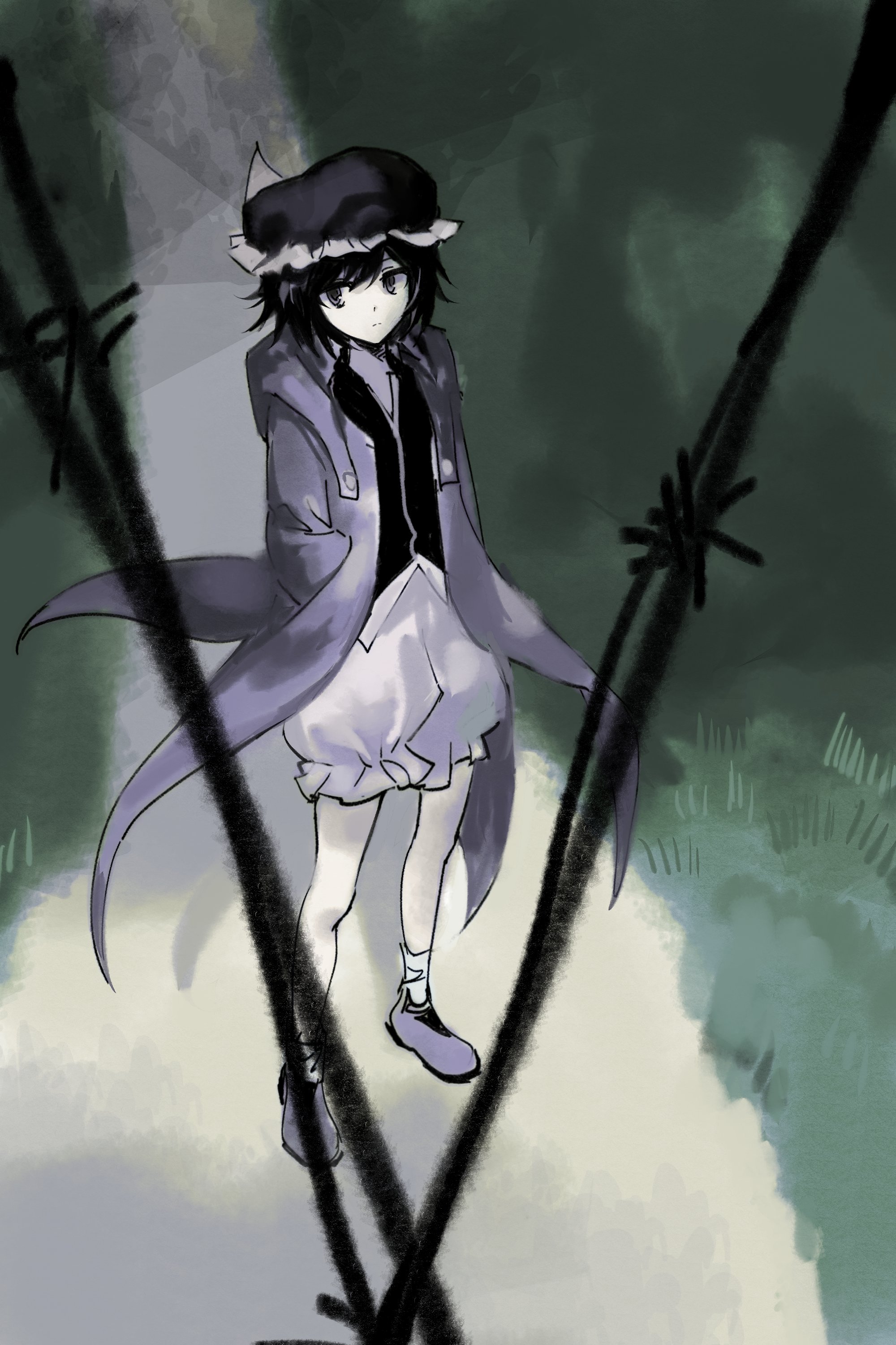 shitodo kuroji, len'en, absurdres, chinese commentary, commentary, english commentary, highres, mixed-language commentary, multilingual commentary, 1other, androgynous, ankle socks, bamboo, black hair, black shirt, boots, buttons, coattails, collared shirt, detached hood, expressionless, frilled headwear, frilled shorts, frills, full body, grass, hair between eyes, hands in pockets, hat, hood, hood down, hooded jacket, jacket, long sleeves, looking at viewer, mob cap, night, open clothes, open jacket, other focus, outdoors, path, puffy shorts, purple boots, purple eyes, purple hat, purple jacket, road, shirt, short hair, shorts, socks, solo, standing, triangular headpiece, v-neck, white shorts, white socks, yancao (pixiv 103434280), zipper