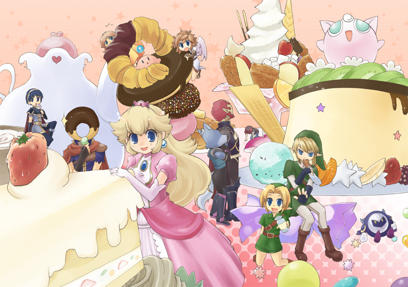 aura (a440), donutman, mitsuda karin, ash ketchum, ganondorf, ike (fire emblem), jigglypuff, kirby, link, marth (fire emblem), meta knight, pit (kid icarus), princess daisy, princess peach, roy (fire emblem), wolf o'donnell, young link, fire emblem, fire emblem: mystery of the emblem, fire emblem: path of radiance, kid icarus, kirby (series), mario (series), nintendo, pokemon, pokemon (anime), star fox, super mario land, super smash bros., the legend of zelda, the legend of zelda: ocarina of time, !, 2girls, 6+boys, bracer, cake, child, crossover, crown, dual persona, food, furry, gen 1 pokemon, multiple boys, multiple girls, oversized object, pastry, pokemon (creature), sweets