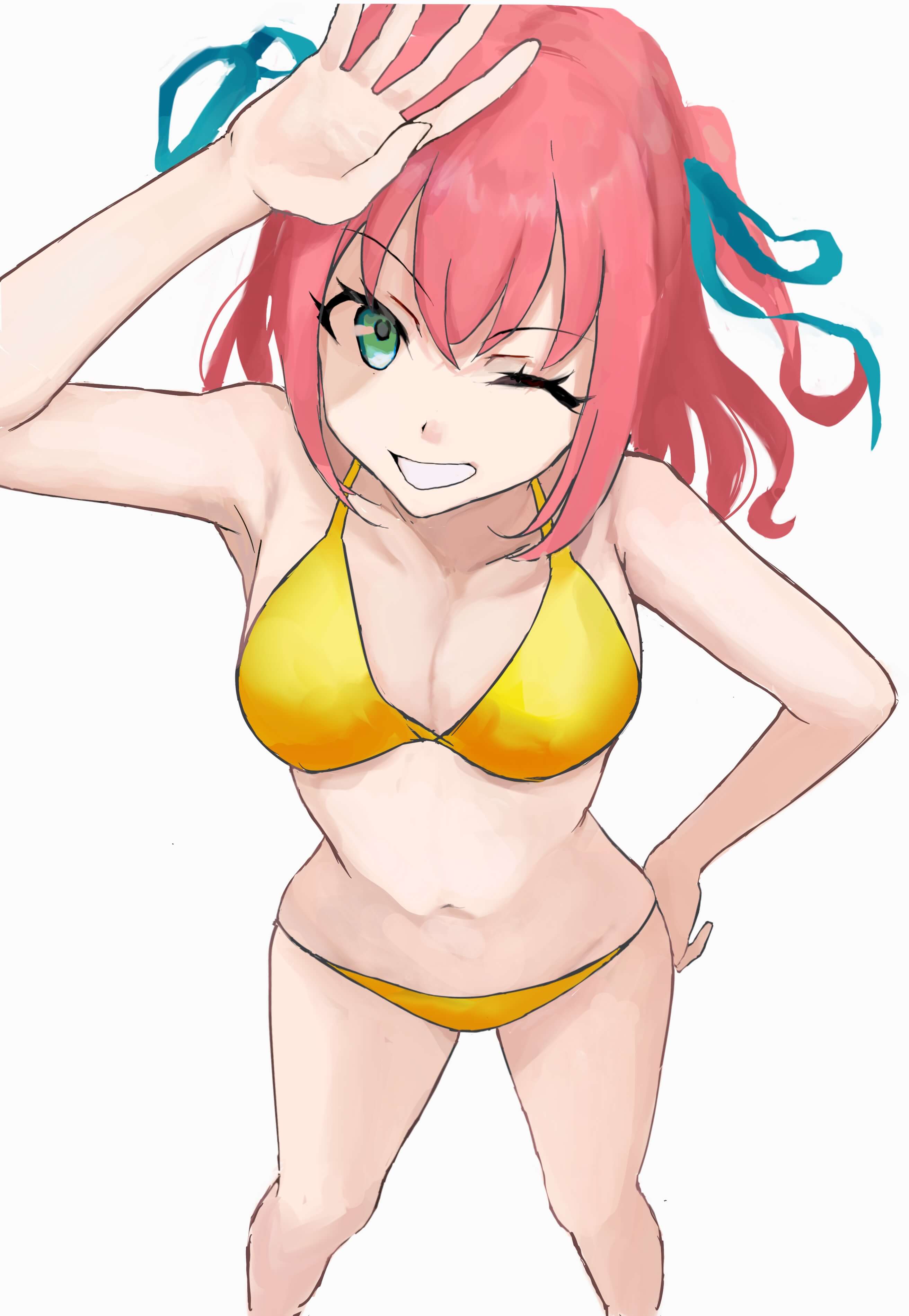 midori usagi, takachiho stella, shoujo kageki revue starlight, shoujo kageki revue starlight -re live-, absurdres, highres, 1girl, ;d, arm up, bare arms, bare legs, bare shoulders, bikini, blue ribbon, breasts, cleavage, feet out of frame, green eyes, grey background, grin, hair between eyes, hair ribbon, halterneck, hand on own head, hand on own hip, long hair, looking at viewer, medium breasts, navel, one eye closed, open mouth, pink hair, ribbon, simple background, smile, solo, standing, stomach, swimsuit, two side up, yellow bikini